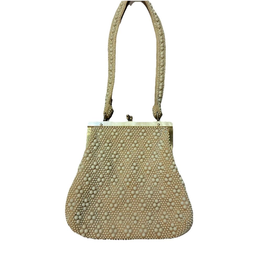 Vintage Hong Kong Hand Beaded Shoulder Bag Purse Ivory Faux Pearl 9”x9.5”